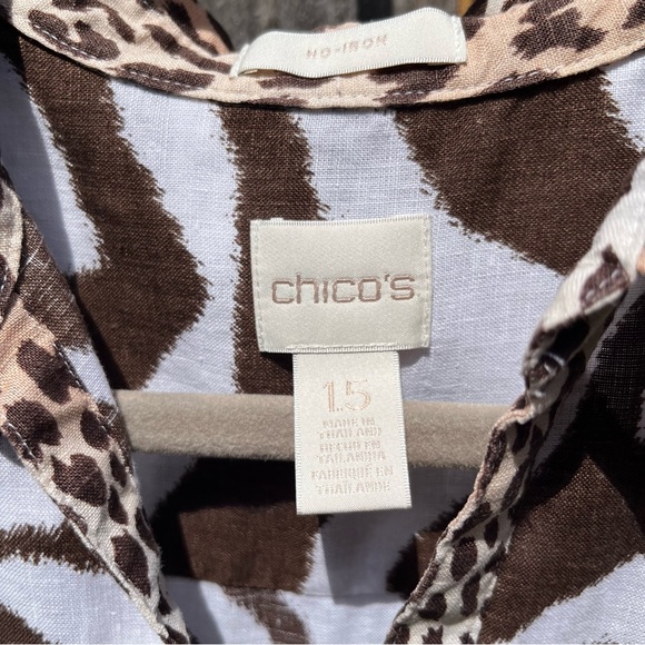 Chico’s brown sleeveless asymmetrical animal print linen tunic medium - Picture 3 of 16